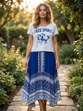 Sahalie Blue Boho Midi Skirt & Free Spirit Western t-shirt with Charms